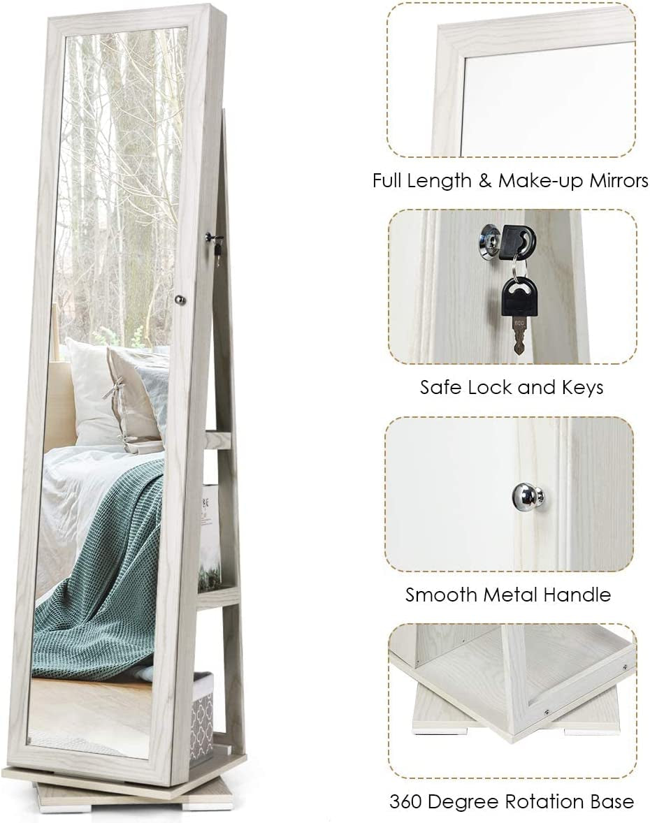 360° Swivel Jewelry Armoire with Higher Full Length Mirror & inside Makeup Mirror, Standing Lockable Jewelry Cabinet Organizer, Large Capacity, Back Storage Shelves (Grayish White)