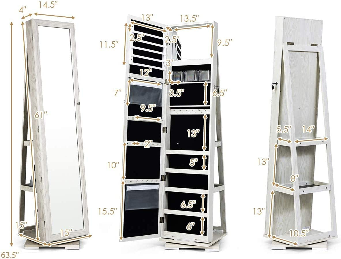 360° Swivel Jewelry Armoire with Higher Full Length Mirror & inside Makeup Mirror, Standing Lockable Jewelry Cabinet Organizer, Large Capacity, Back Storage Shelves (Grayish White)