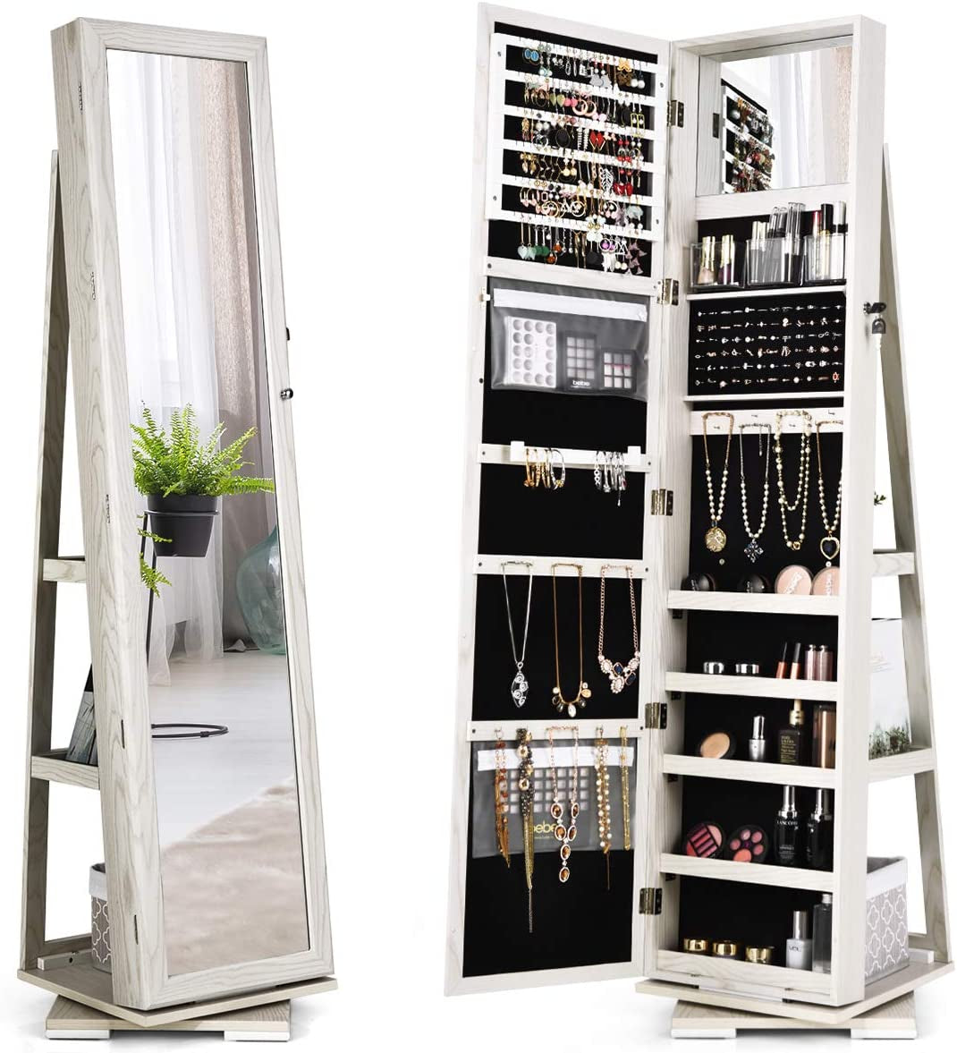 360° Swivel Jewelry Armoire with Higher Full Length Mirror & inside Makeup Mirror, Standing Lockable Jewelry Cabinet Organizer, Large Capacity, Back Storage Shelves (Grayish White)