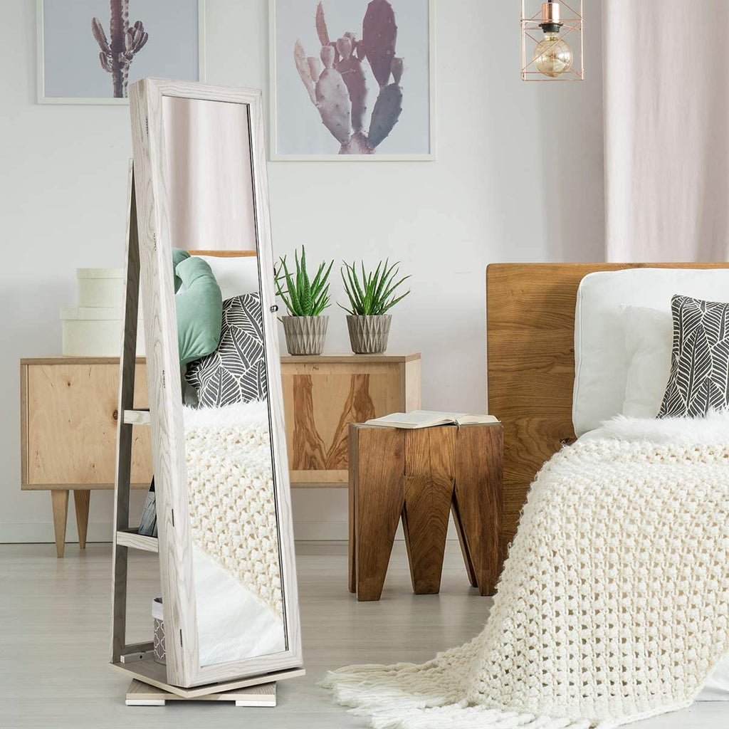 360° Swivel Jewelry Armoire with Higher Full Length Mirror & inside Makeup Mirror, Standing Lockable Jewelry Cabinet Organizer, Large Capacity, Back Storage Shelves (Grayish White)