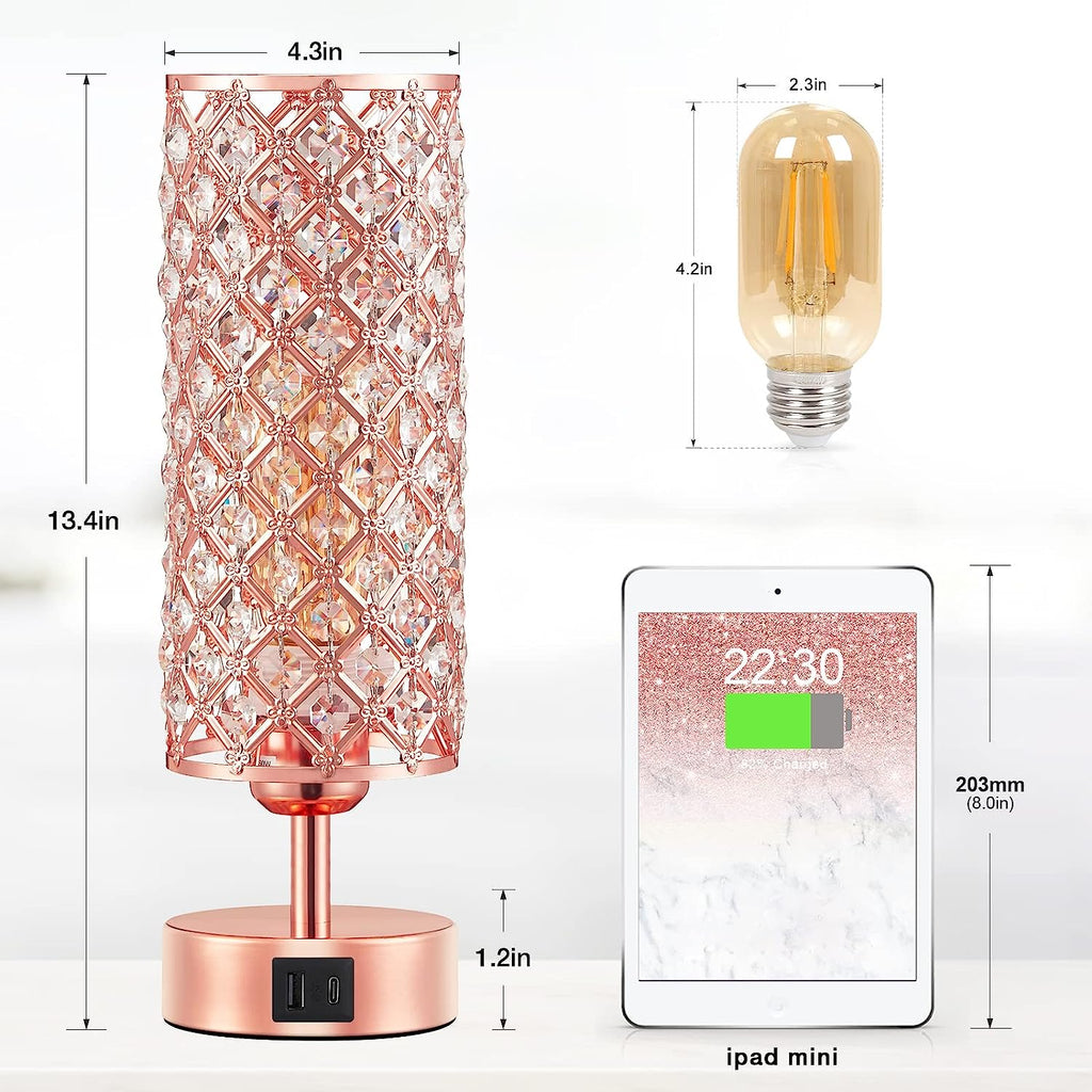 Crystal Table Lamp - 3-Way Dimmable Touch Control, Rose Gold Bedside Lamp with USB C and a Ports, Nightstand Light for Living Room, Bedroom, Home Office (Bulb Included)