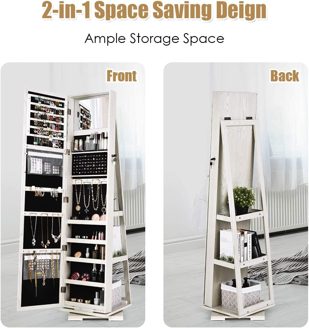 360° Swivel Jewelry Armoire with Higher Full Length Mirror & inside Makeup Mirror, Standing Lockable Jewelry Cabinet Organizer, Large Capacity, Back Storage Shelves (Grayish White)