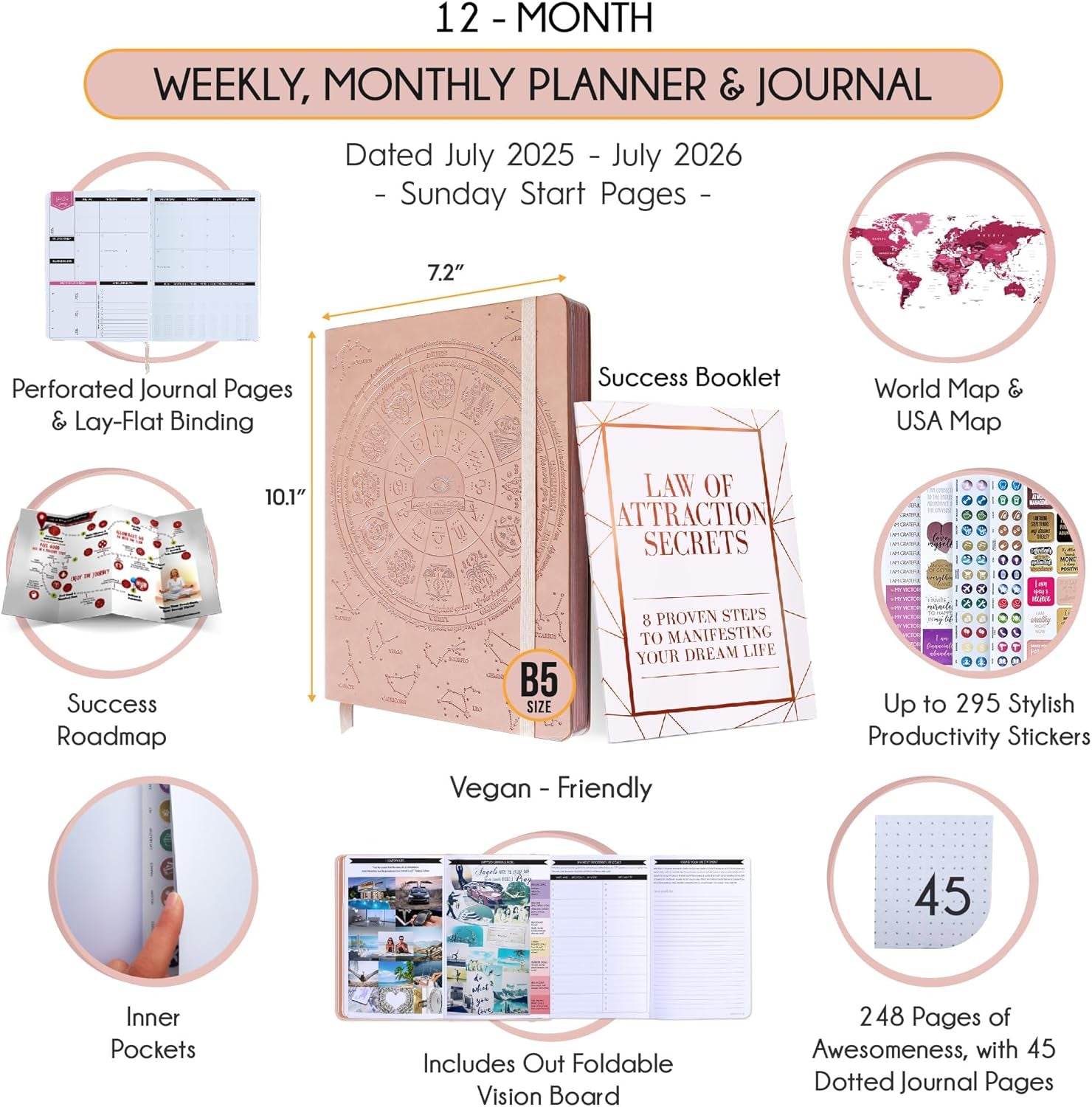 Academic Planner 2025-2026 - Weekly and Monthly Planner to Increase Productivity & Happiness | Daily Manifestation Journal | Goal, Gratitude Journal & Stickers | Dated from July 2025 - July 2026