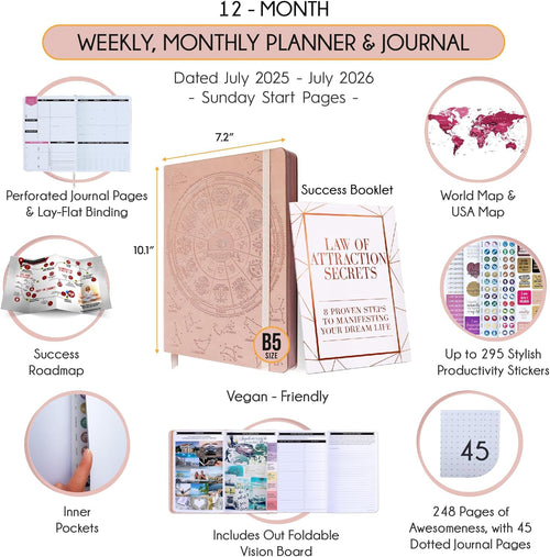 Academic Planner 2025-2026 - Weekly and Monthly Planner to Increase Productivity & Happiness | Daily Manifestation Journal | Goal, Gratitude Journal & Stickers | Dated from July 2025 - July 2026