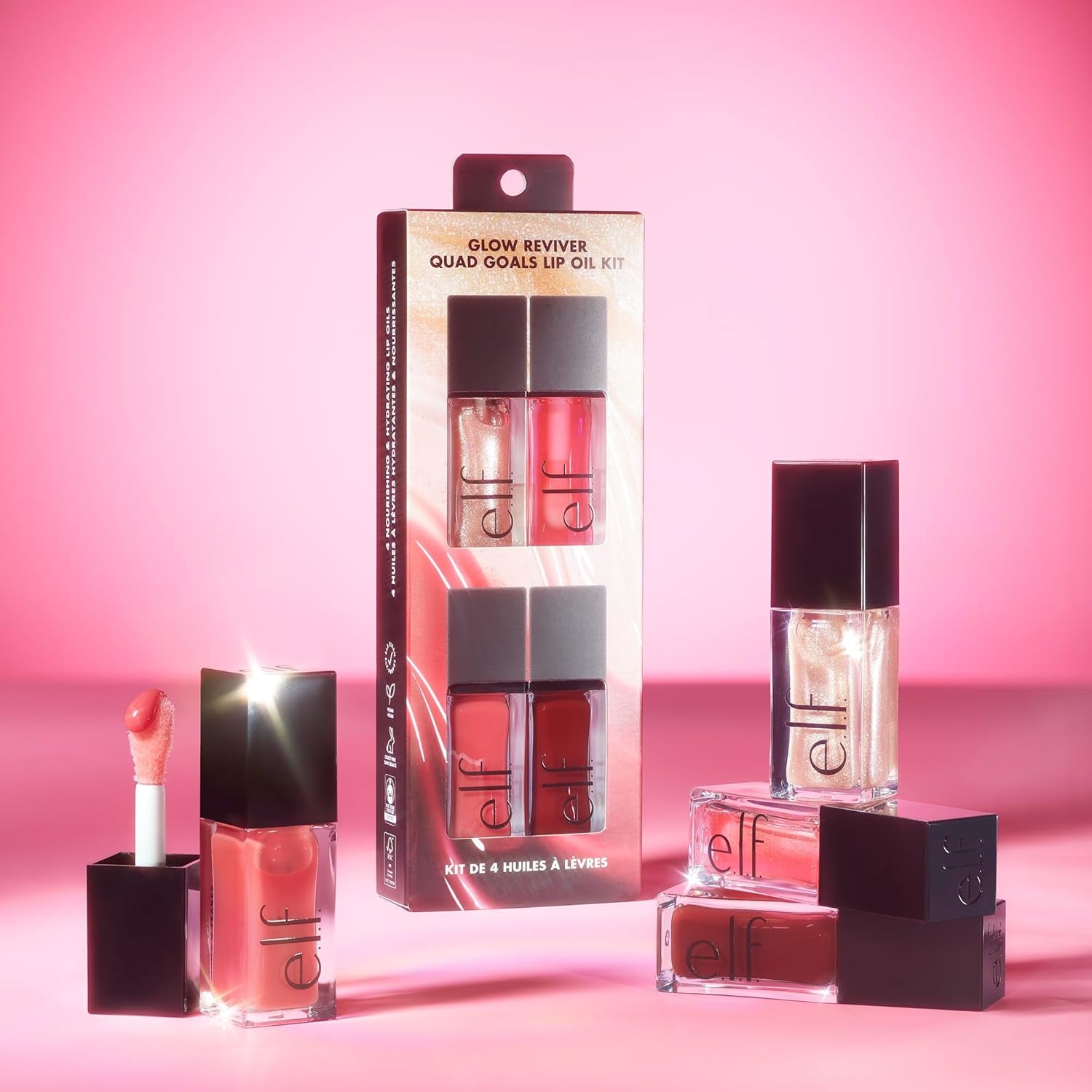 Glow Reviver Quad Goals Lip Oil Kit, 4 Hydrating, Non-Sticky Glossy Tinted Lip Oils, Lip Gloss Set, Moisturizing Lip Care, Vegan & Cruelty-Free